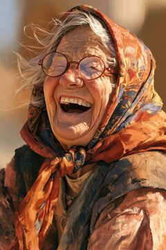Cheerful elderly woman in eyeglasses with headscarf laughing against a softly blurred background