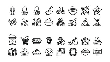 Fototapeta premium Black line icons for cooking and baking with various squash types
