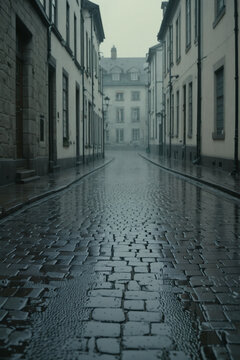 Wet Cobblestone Street in Empty City Alley on Rainy Day