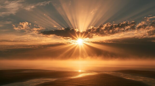 Cinematic golden hour light explosion with bright rays and ethereal flare across the sky