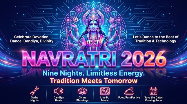 Happy navratri colorful neon text celebration poster with glowing lights and party backdrop navratri festival background colorful celebration