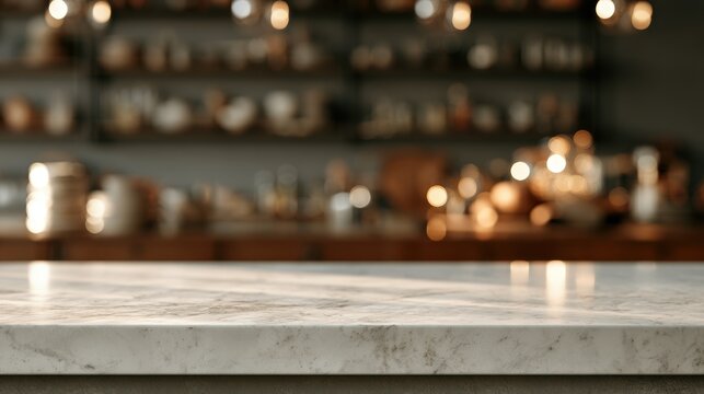 Clean contemporary surface scene: white marble table and blurred backdrop for presentation templates