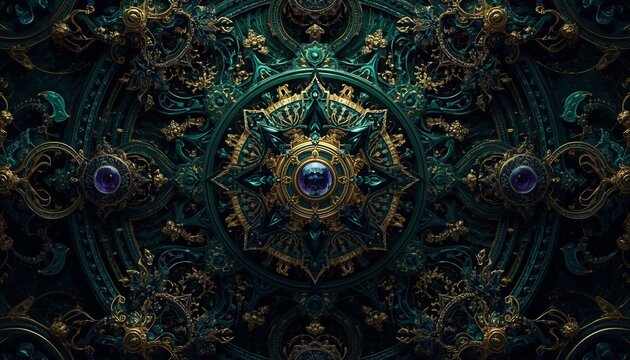 Intricate mechanical mandala with ornate gold, teal and green filigree patterns surrounding a central gemstone‑like core, blending steampunk precision with elegant symmetrical decorative design