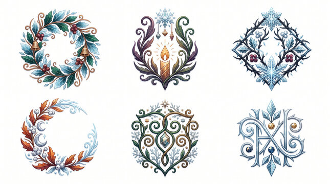 Ultra-Detailed Seasonal Holiday Botanical Seals and Winter Frost Emblems Icon Set with Holly, Snowflakes, and Candle Isolated on White Background