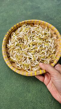 a person's hand holding a bamboo tray filled with raw bean sprouts, isolated on a green background.