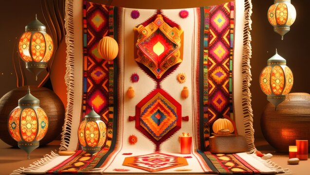 Traditional ethnic woven carpet and wall hanging tapestry with glowing Moroccan lanterns and warm candle lights