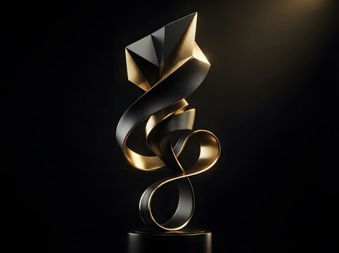 Abstract black and gold ribbon sculpture on dark background for luxury design concept