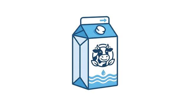 Vector illustration of a blue and white milk carton box featuring a friendly cow logo, a drop icon, and wavy lines