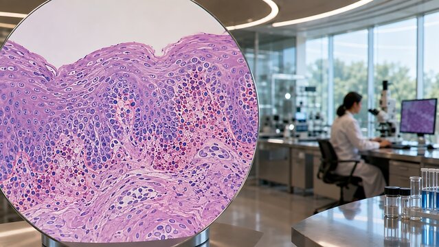 Detailed epithelial tissue histology showing layered cellular structure under microscopy