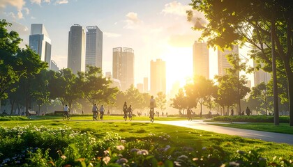 Fototapeta premium Golden hour city park with skyscrapers in background.