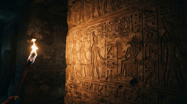 Ancient Egyptian hieroglyphs on stone wall lit by torch