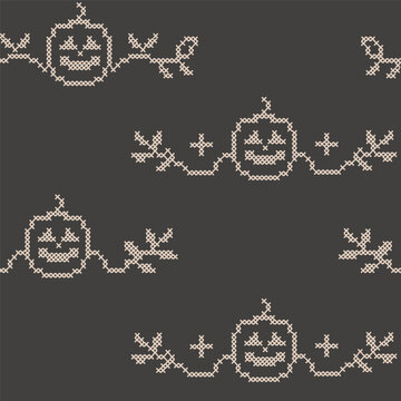 Gothic cross stitch Halloween seamless pattern. Boho embroidery folk art texture. Repeatable pumpkin and vine garland motif on dark backdrop for digital scrapbooking, autumn textiles,eerie design.