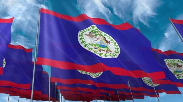 Multiple Belize flags seamless looping waving on blue sky