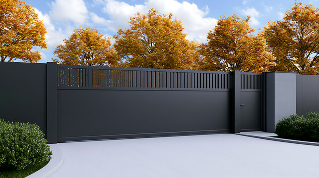Modern minimalist black metal sliding gate and perimeter wall front view exterior design with autumn trees and clear blue sky background