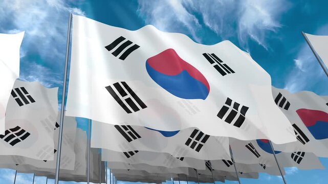Multiple South Korea flags seamless looping waving on blue sky