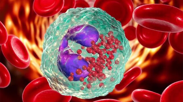 Eosinophil in blood, 3D animation of a granulocyte with a bilobed nucleus and prominent eosinophilic granules circulating among erythrocytes.