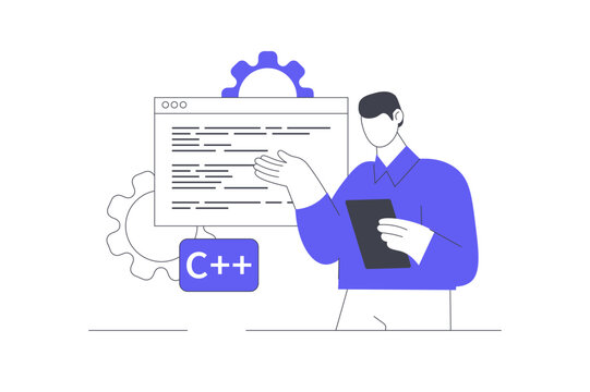 Software Testing Program and C++ Code Development Process. Male Specialist Working with Tablet near Code Screen and C Plus Plus Programming Tag. Flat Cartoon Vector Illustration, icon Stylish abstract