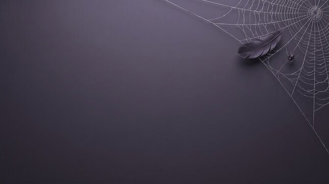 Black feather and spider web on a dark purple background for halloween seasonal greeting card or banner design