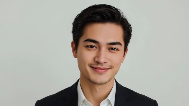 Young Asian Man Portrait in Black Suit, Calm Expression, Formal Attire, Gray Background