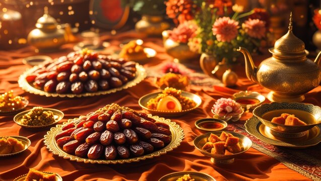 Traditional Islamic dinner table arrangement featuring plates of sweet dates teapot flowers and snacks for Eid feast