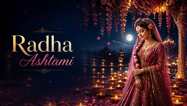 Radha ashtami festival celebration with indian woman in traditional attire near glowing diyas at night festival celebration traditional religion