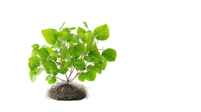 Young tree with a dense root system sits on a transparent background to demonstrate healthy plant development.