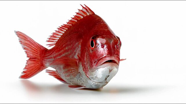 A fresh red sea bream fish rotating on a white background, showcasing its vibrant scales and fins.