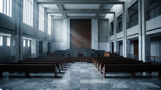 Empty modern courtroom interior with wooden benches and marble floor