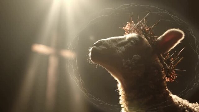 A lamb with a crown of thorns gazes upwards, bathed in divine light, with a cross silhouette in the background. ..Created with Generative AI, not depicting real subjects.