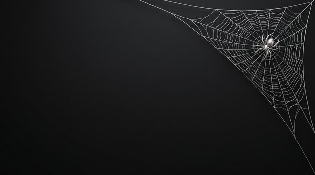 A small spider sitting in the corner of a large intricate sticky web with thin silk lines isolated on white