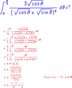 Handwritten step-by-step calculus definite integral math problem solved in blue and red ink on white isolated background. Visual education concept.