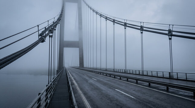 Empty suspension bridge road disappearing into thick morning fog