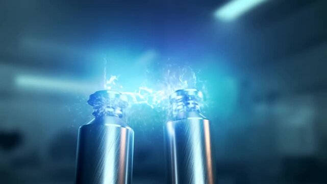 Twin metal cylinders generate bright electric sparks in a dark blue setting