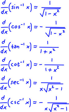 Handwritten inverse trigonometric function derivative formulas written in blue ink on white isolated background. Visual education illustration concept.