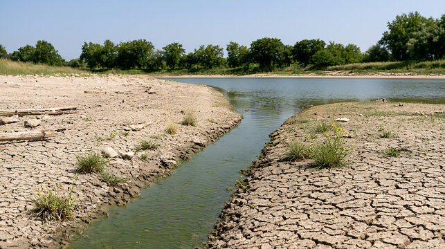 Severe drought with cracked dry mud earth and shallow water stream in a desolate arid landscape depicting global climate change and water crisis