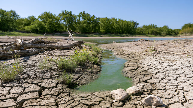 Severe drought and climate change effect with cracked dry earth soil, scarce water stream, dead wood log, and green trees background view