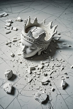 Broken Marble Crowned Statue Head Surrounding with Fragments on Cracked Floor
