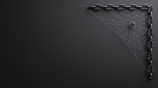 A spider web in the corner with a metal chain border isolated on a dark background for halloween decoration