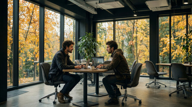 Collaborative digital nomad in comfortable layers sits at a communal table pair programming with a colleague remotely