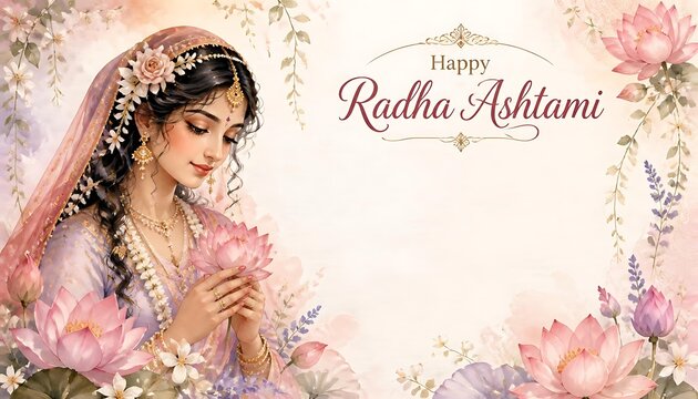 Happy radha ashtami greeting card design with traditional illustration of hindu goddess holding lotus flower festival greeting illustration