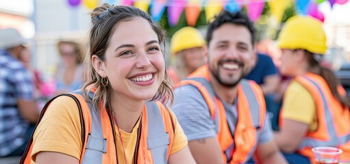 Naklejka premium Construction workers celebrating outdoors with barbecue and festive summer decorations in a cheerful atmosphere.