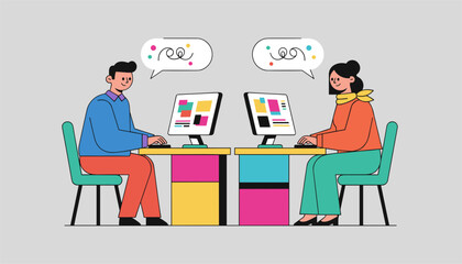 Fototapeta premium Business professionals work on computers at adjacent desks while colorful abstract shapes float inside speech bubbles in this modern workspace design.