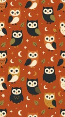 Fototapeta premium Cute owl seamless pattern with crescent moons and stars on warm terracotta background for autumn and halloween design