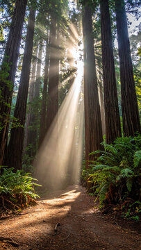 Majestic sunlight filters through tall redwood trees along a peaceful dirt path in a serene forest, evoking feelings of hope and wonder. Nobody is around in this calm morning scene.