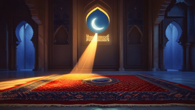 Golden moonlight beam shining through arched mosque window onto Islamic prayer rug on marble floor