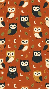 Cute owl seamless pattern with crescent moons and stars on warm terracotta background for autumn and halloween design