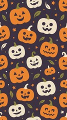 Fototapeta premium Cute Halloween seamless pattern with orange and white Jack-o'-lantern pumpkins and stars on dark background
