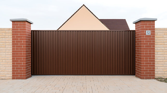Modern automatic brown metal sliding gate with brick pillar columns, secure suburban house entrance boundary wall, driveway property view