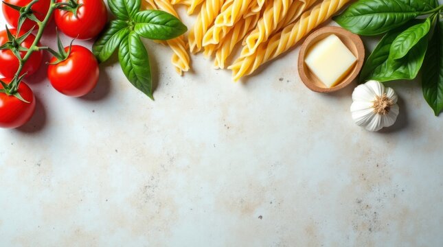 Ingredientes para pasta dispuestos directamente sobre una superficie de piedra natural clara, con espacio libre