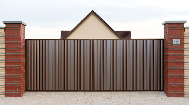 Modern metal driveway gate with red brick pillars and house roof background in suburban neighborhood property boundary architecture design